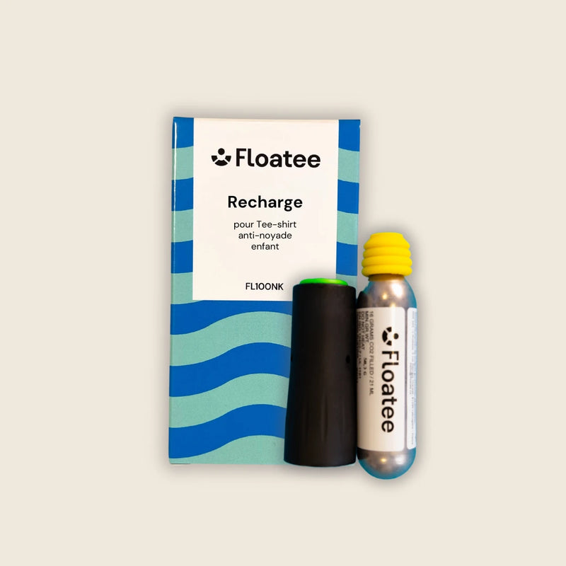 Recharge pour tee-shirt anti-noyade enfant Floatee, cartouche de gaz non inflammable et détecteur vus de haut, avec emballage